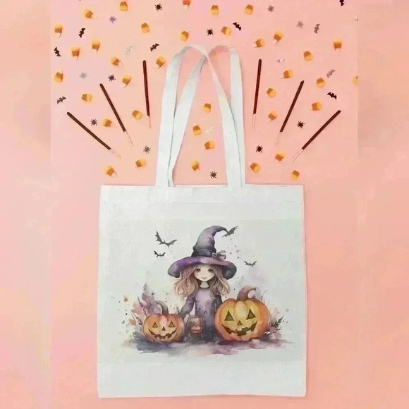 Little Witch Girl in Hat Halloween Canvas Tote Bag - Picture 2 of 2